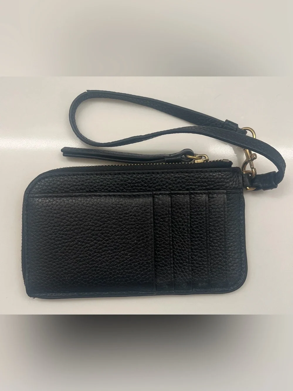 Tory Burch Black Pebbled Leather Logo Wristlet with Strap